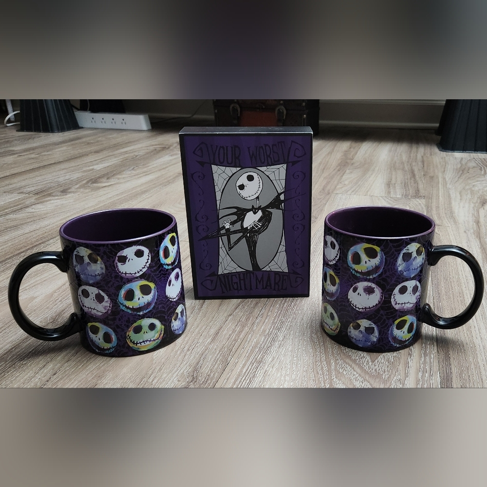 Disney Jack Skellington Purple Black 20oz. Ceramic Mugs & 5x7 Wooden Decor NBC